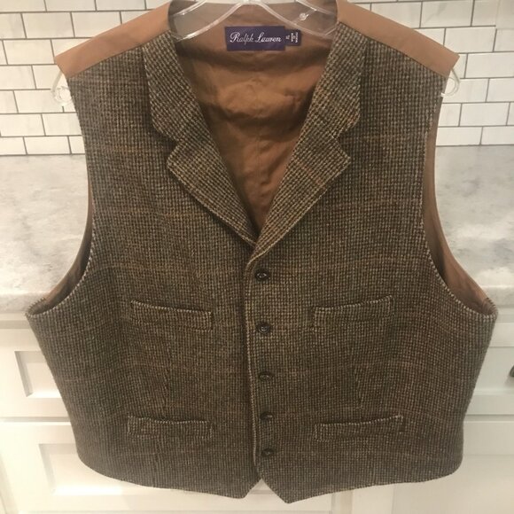 Ralph Lauren Purple Label Vest Mens XL Brown Wool Tweed Windowpane Waistcoat - Picture 1 of 9